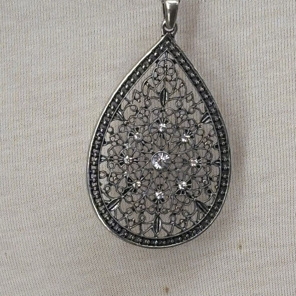 Vintage Silver Filigree Necklace Crystal Drop Pendant Clear Statement Boho